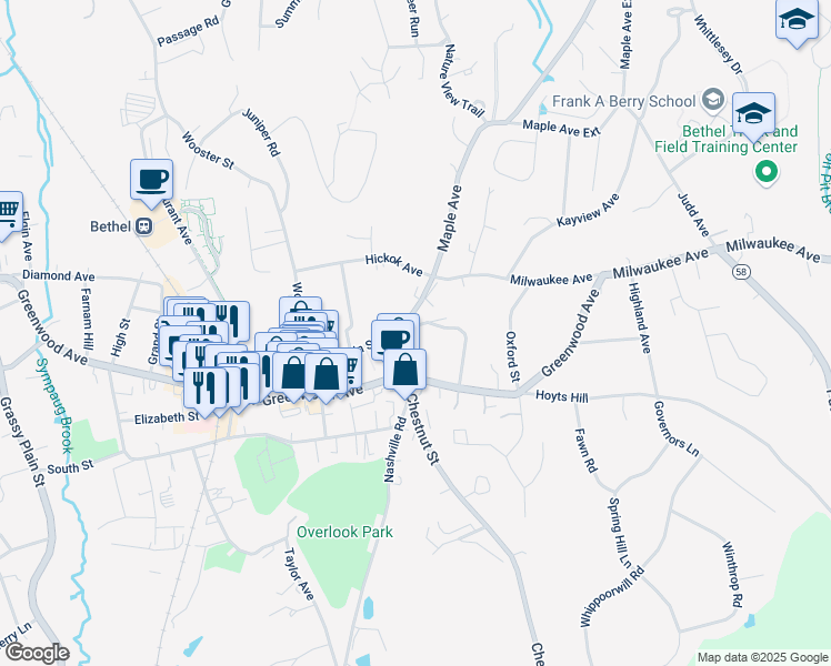 map of restaurants, bars, coffee shops, grocery stores, and more near 32 Prospect Street in Bethel
