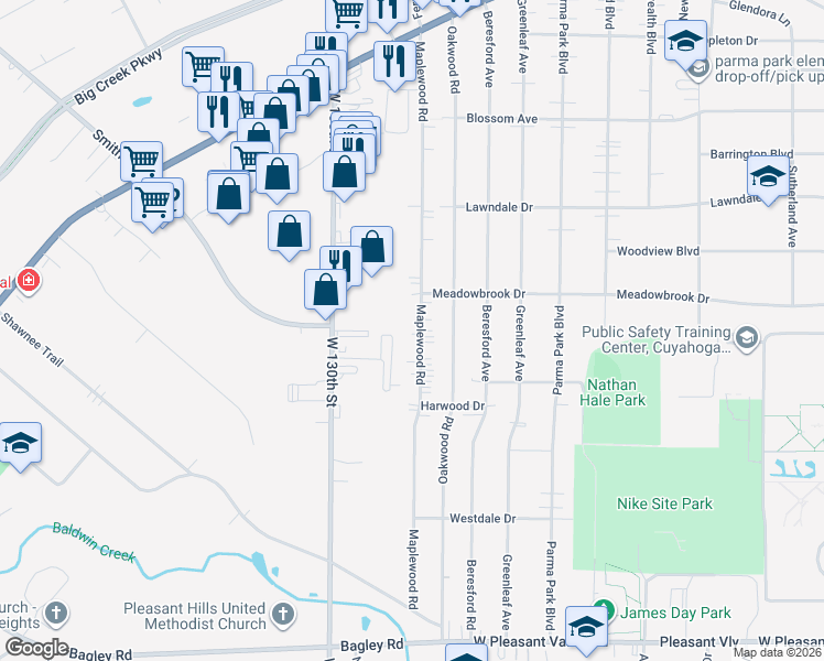 map of restaurants, bars, coffee shops, grocery stores, and more near 7022 Maplewood Rd in Parma Heights