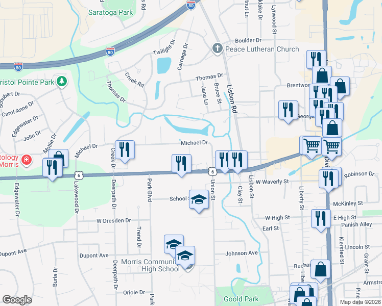 map of restaurants, bars, coffee shops, grocery stores, and more near 1518 Jodi Court in Morris