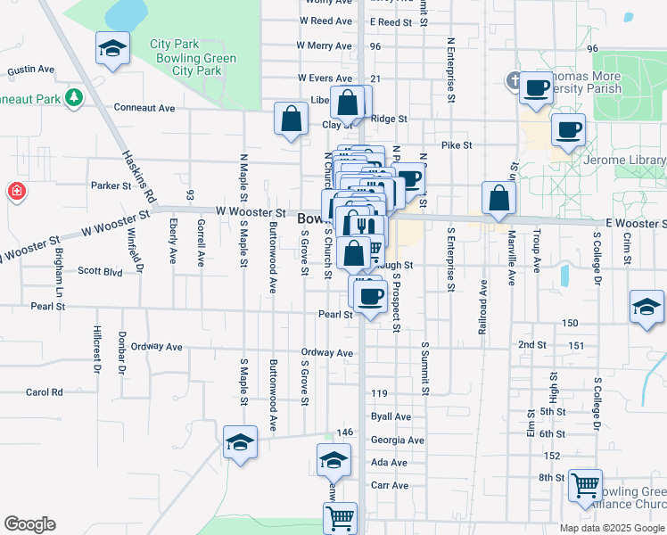 map of restaurants, bars, coffee shops, grocery stores, and more near 203 South Church Street in Bowling Green