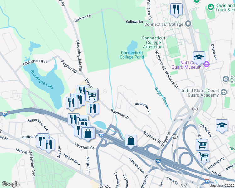 map of restaurants, bars, coffee shops, grocery stores, and more near 98 Hawthorne Drive North in New London