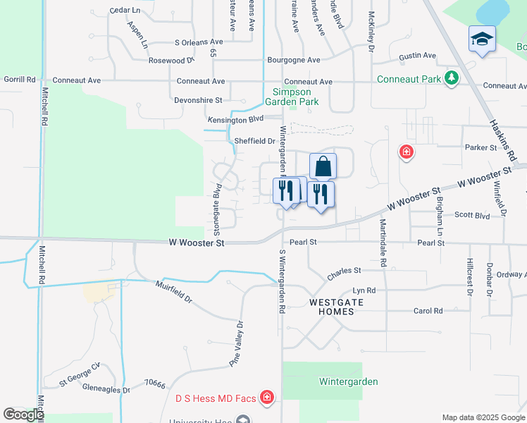 map of restaurants, bars, coffee shops, grocery stores, and more near 121 Wintergarden Road in Bowling Green
