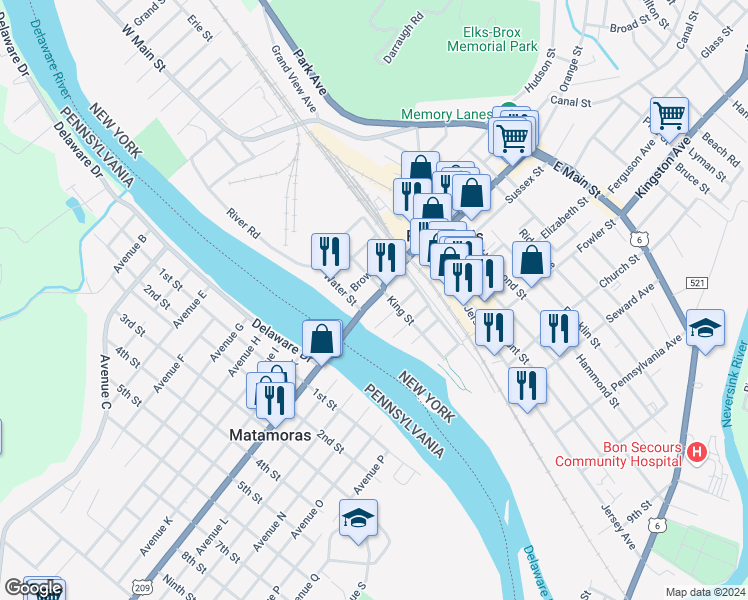 map of restaurants, bars, coffee shops, grocery stores, and more near 17 Pike Street in Port Jervis