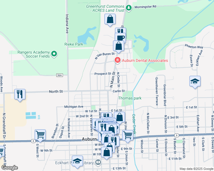 map of restaurants, bars, coffee shops, grocery stores, and more near 810 Midway Drive in Auburn