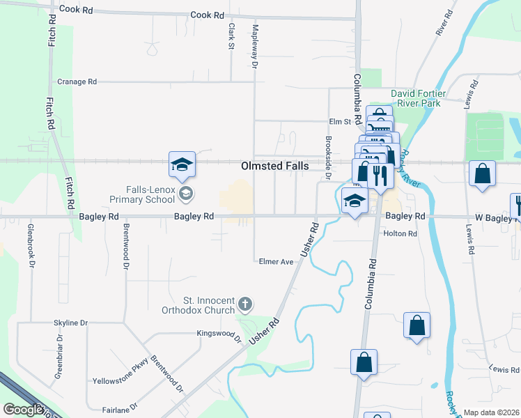 map of restaurants, bars, coffee shops, grocery stores, and more near 26060 Bagley Road in Olmsted Falls