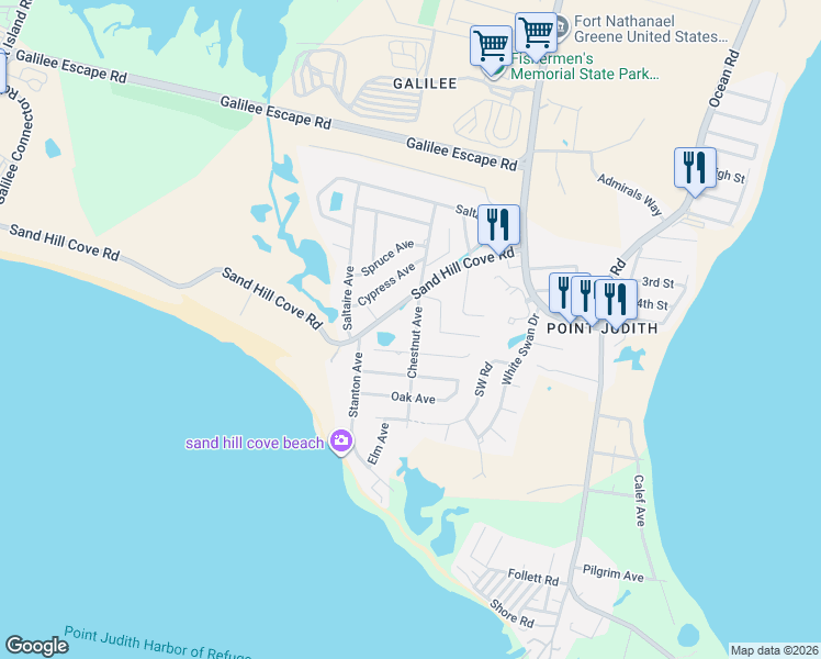 map of restaurants, bars, coffee shops, grocery stores, and more near 67 Chestnut Avenue in Narragansett