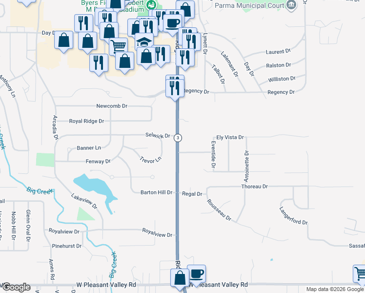 map of restaurants, bars, coffee shops, grocery stores, and more near 7060 Ridge Road in Parma