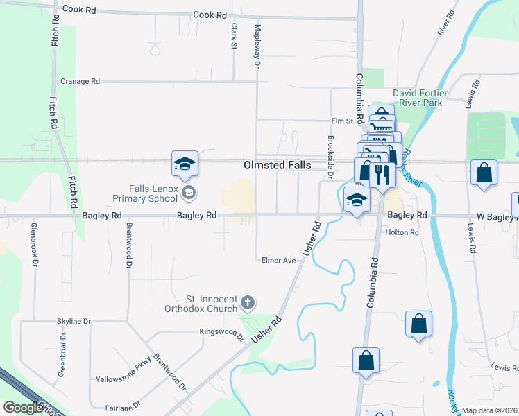 map of restaurants, bars, coffee shops, grocery stores, and more near 26060 Bagley Road in Olmsted Falls