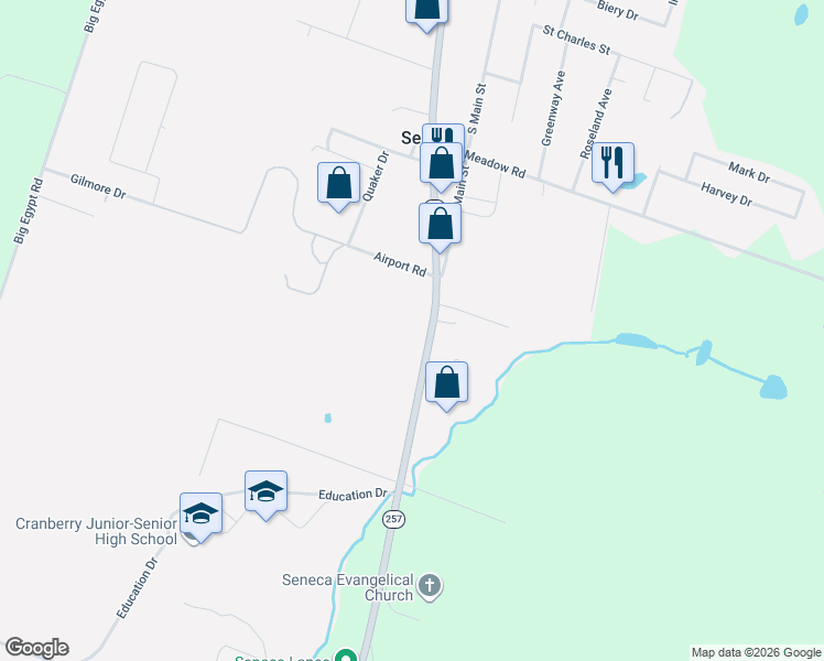 map of restaurants, bars, coffee shops, grocery stores, and more near 3049 Pennsylvania 257 in Seneca