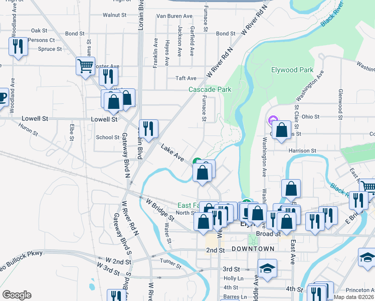 map of restaurants, bars, coffee shops, grocery stores, and more near 123 Floral Ct in Elyria