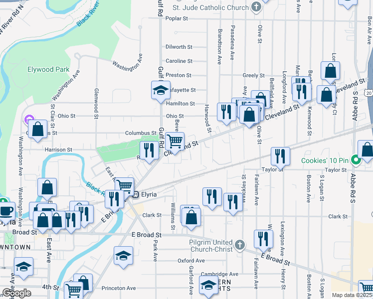 map of restaurants, bars, coffee shops, grocery stores, and more near 143 Cleveland Street in Elyria
