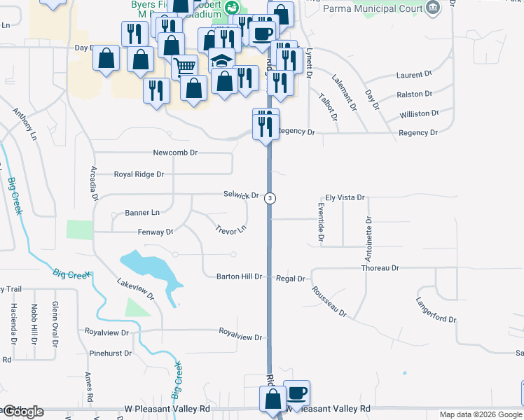 map of restaurants, bars, coffee shops, grocery stores, and more near 7060 Ridge Rd in Parma