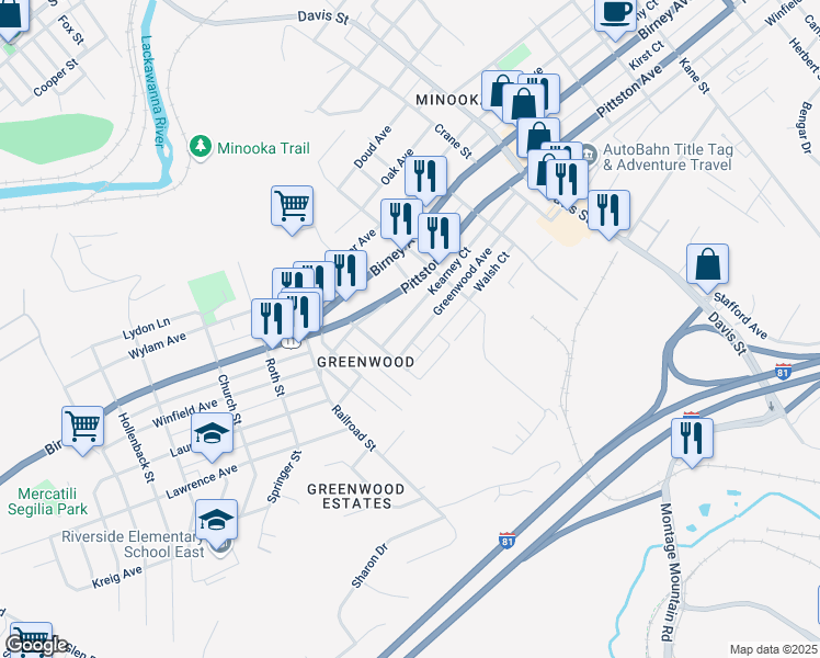 map of restaurants, bars, coffee shops, grocery stores, and more near 3342 Greenwood Avenue in Moosic