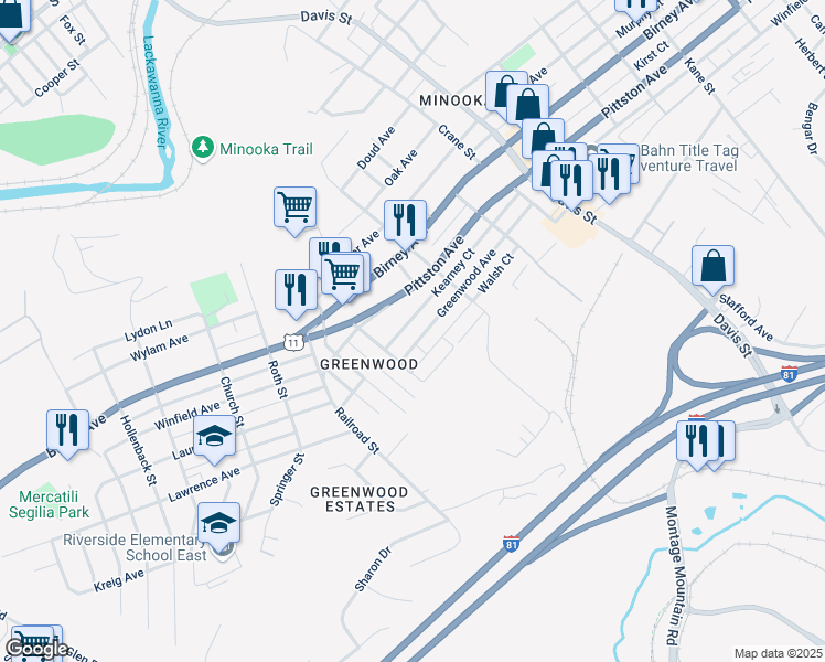 map of restaurants, bars, coffee shops, grocery stores, and more near 3342 Greenwood Ave in Moosic