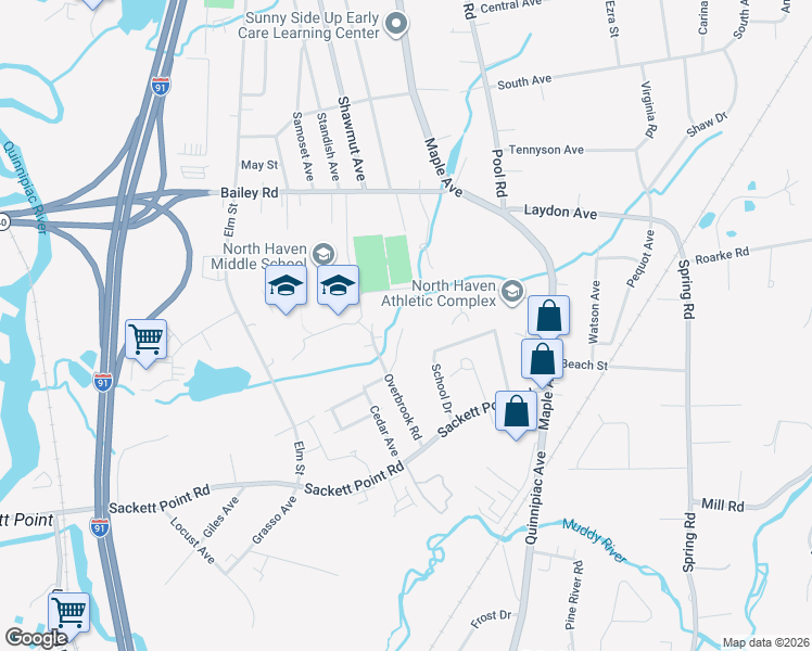 map of restaurants, bars, coffee shops, grocery stores, and more near 53 Waterbury Road in North Haven