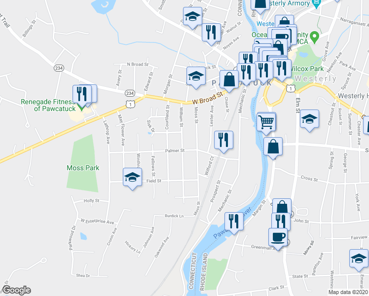 map of restaurants, bars, coffee shops, grocery stores, and more near 28 William Street in Stonington