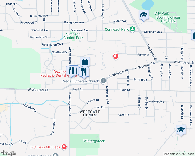 map of restaurants, bars, coffee shops, grocery stores, and more near 1052 West Wooster Street in Bowling Green