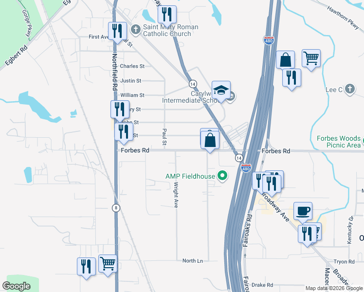 map of restaurants, bars, coffee shops, grocery stores, and more near 179 Forbes Road in Bedford