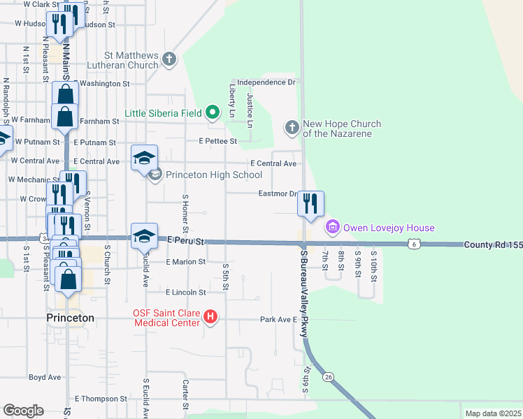 map of restaurants, bars, coffee shops, grocery stores, and more near 657 East Downey Drive in Princeton