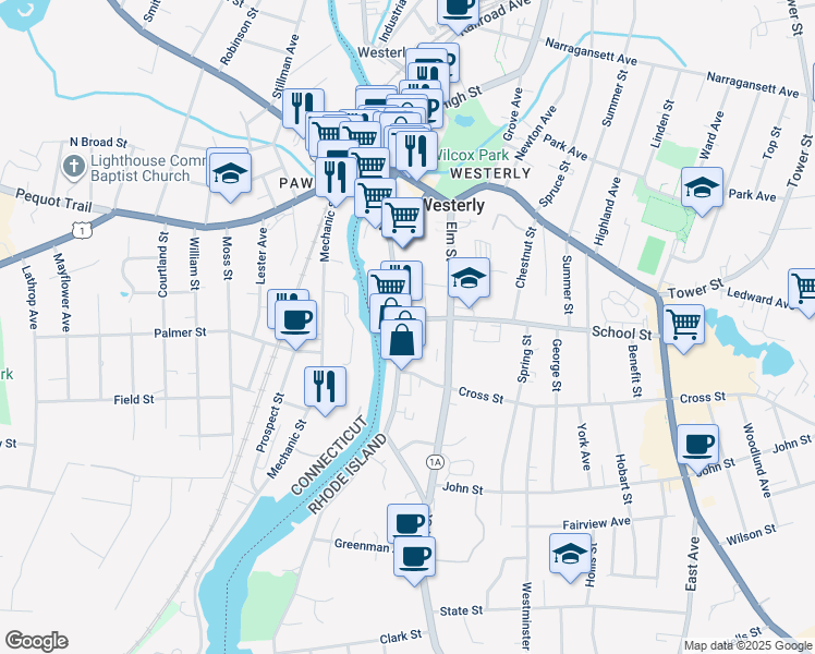 map of restaurants, bars, coffee shops, grocery stores, and more near 138 Main Street in Westerly