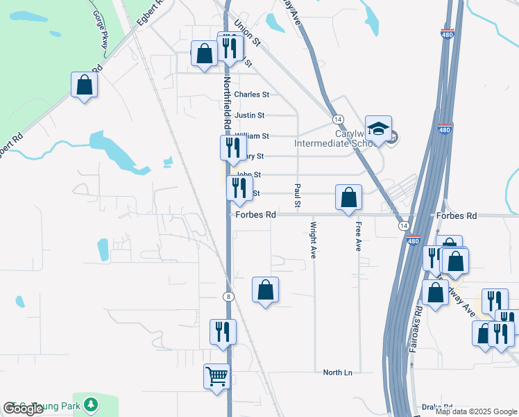 map of restaurants, bars, coffee shops, grocery stores, and more near 39 Forbes Road in Bedford