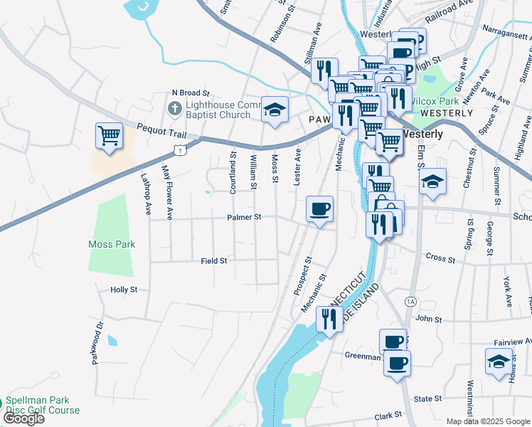 map of restaurants, bars, coffee shops, grocery stores, and more near 39 Palmer Street in Stonington