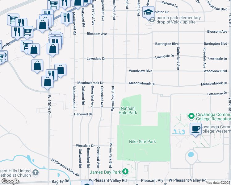 map of restaurants, bars, coffee shops, grocery stores, and more near 7017 Parma Park Boulevard in Parma Heights