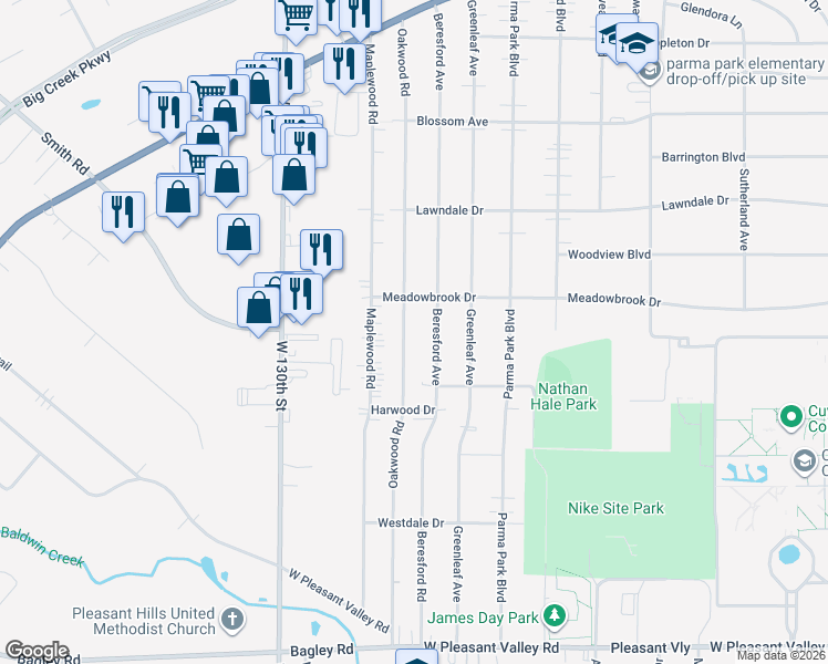 map of restaurants, bars, coffee shops, grocery stores, and more near 7017 Oakwood Road in Parma Heights