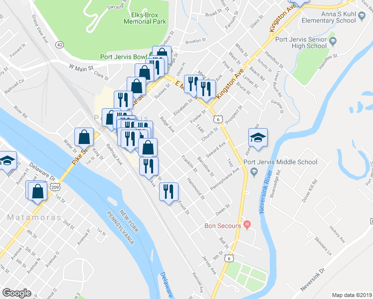 map of restaurants, bars, coffee shops, grocery stores, and more near 32 Church Street in Port Jervis