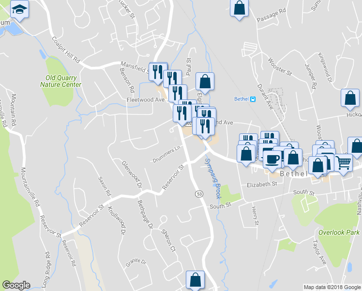 map of restaurants, bars, coffee shops, grocery stores, and more near 27 Drummers Lane in Bethel