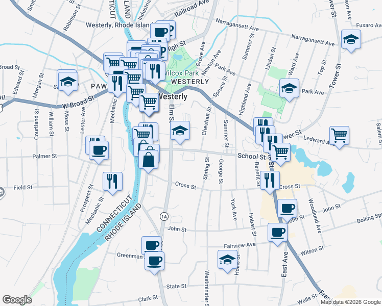 map of restaurants, bars, coffee shops, grocery stores, and more near 27 School Street in Westerly