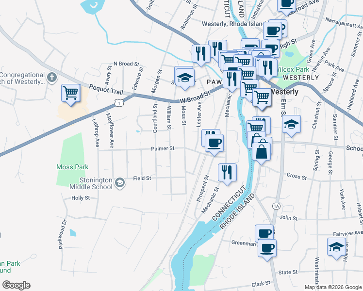 map of restaurants, bars, coffee shops, grocery stores, and more near 39 Palmer Street in Stonington