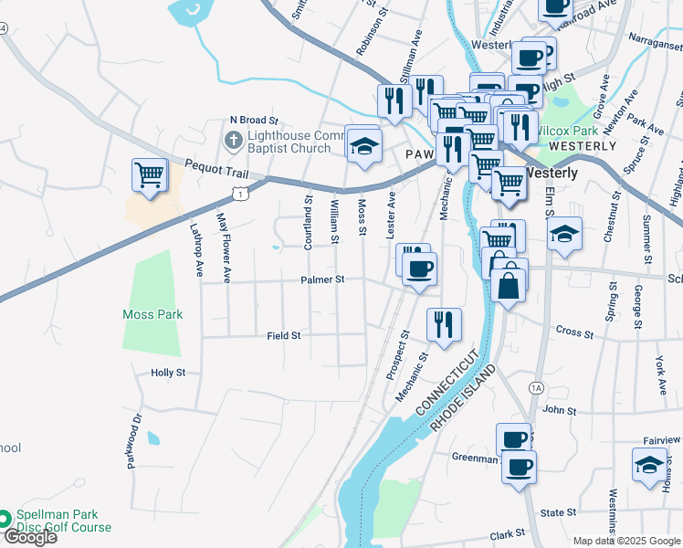 map of restaurants, bars, coffee shops, grocery stores, and more near 39 Palmer Street in Stonington