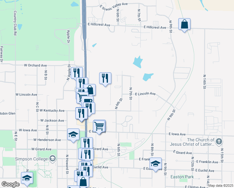 map of restaurants, bars, coffee shops, grocery stores, and more near 1222 North 6th Street in Indianola