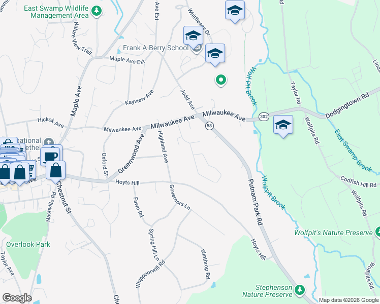 map of restaurants, bars, coffee shops, grocery stores, and more near 10 Midway Drive in Bethel