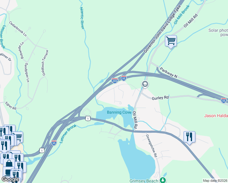 map of restaurants, bars, coffee shops, grocery stores, and more near 22 Riverhead Lane in East Lyme
