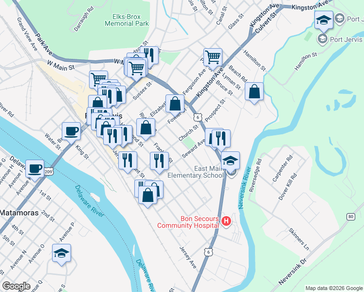 map of restaurants, bars, coffee shops, grocery stores, and more near 39 Church Street in Port Jervis