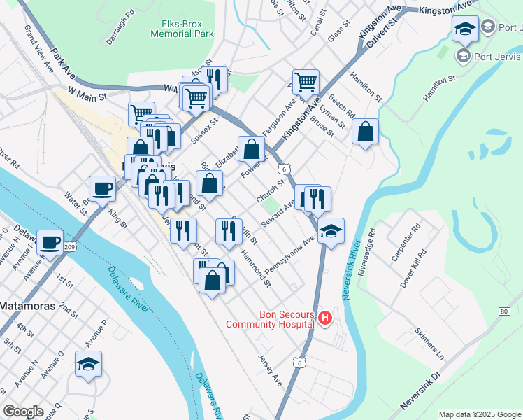 map of restaurants, bars, coffee shops, grocery stores, and more near 19 Barcelow Street in Port Jervis