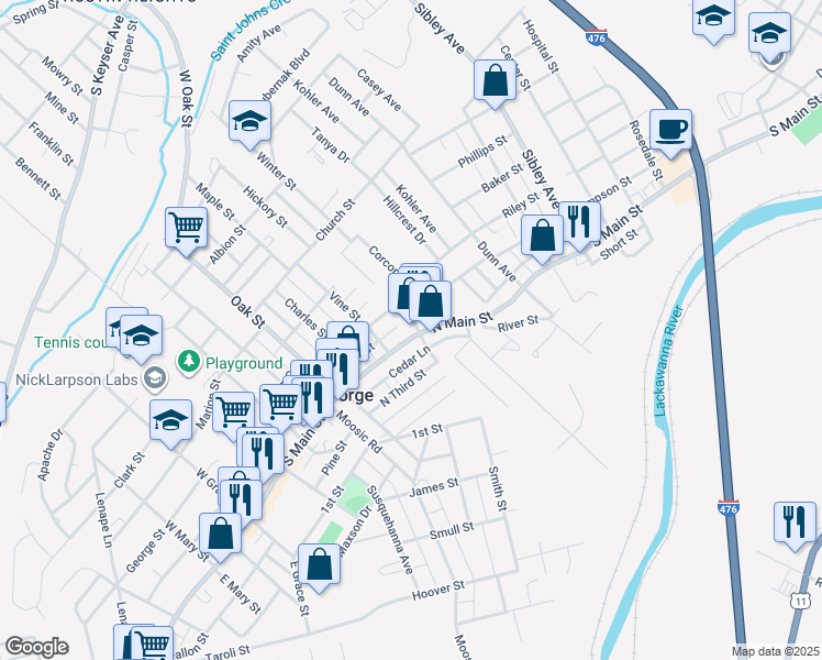 map of restaurants, bars, coffee shops, grocery stores, and more near 189 North Main Street in Old Forge