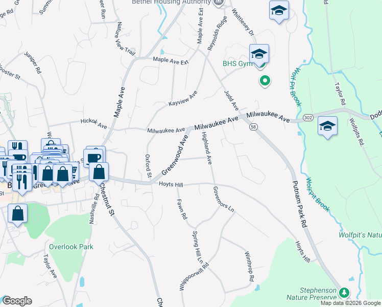 map of restaurants, bars, coffee shops, grocery stores, and more near 14 Andrews Street in Bethel