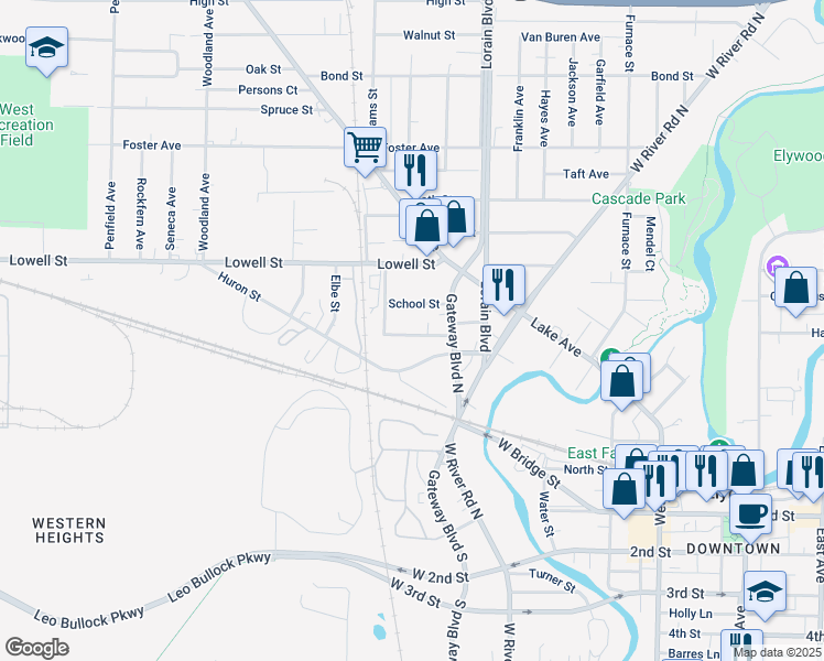 map of restaurants, bars, coffee shops, grocery stores, and more near 133 Garvin Avenue in Elyria