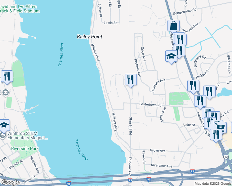 map of restaurants, bars, coffee shops, grocery stores, and more near 26 Vista Point Road in Groton