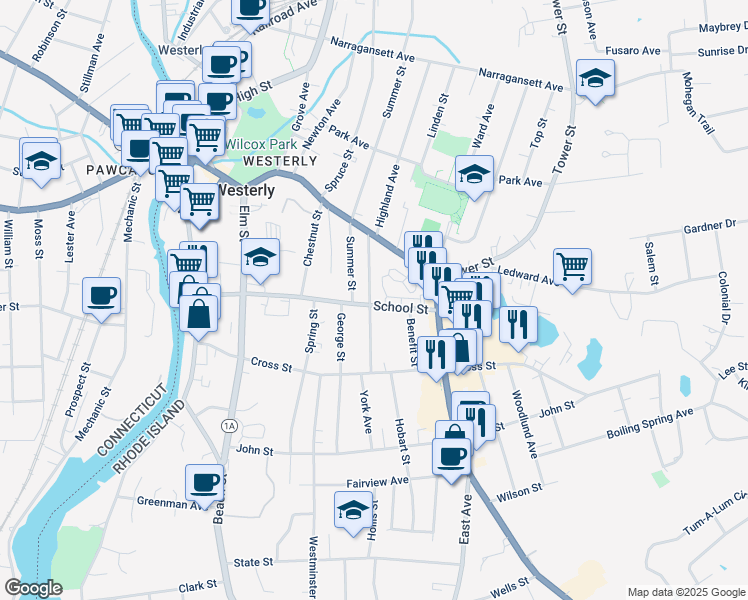 map of restaurants, bars, coffee shops, grocery stores, and more near 58 School Street in Westerly