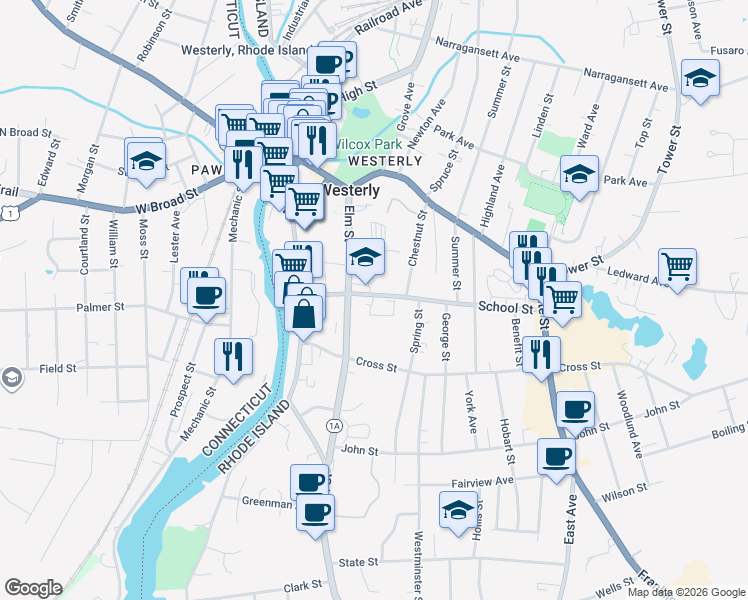 map of restaurants, bars, coffee shops, grocery stores, and more near 27 School Street in Westerly