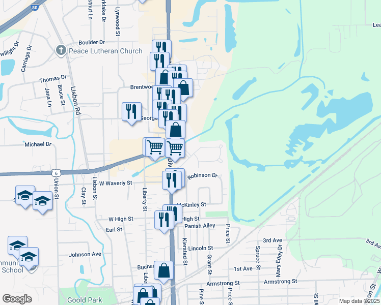 map of restaurants, bars, coffee shops, grocery stores, and more near 322 Maple Drive in Morris