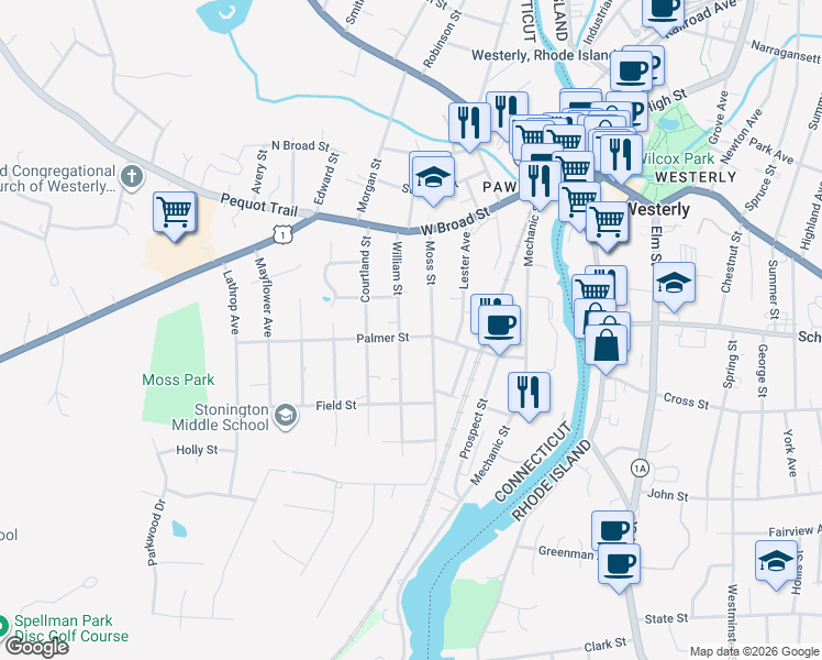 map of restaurants, bars, coffee shops, grocery stores, and more near 43 Palmer Street in Stonington