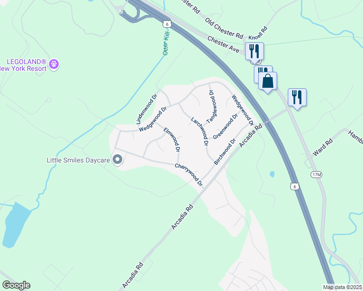 map of restaurants, bars, coffee shops, grocery stores, and more near 7 Elmwood Drive in Goshen