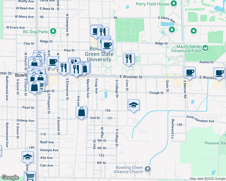 map of restaurants, bars, coffee shops, grocery stores, and more near 835 Clough Street in Bowling Green