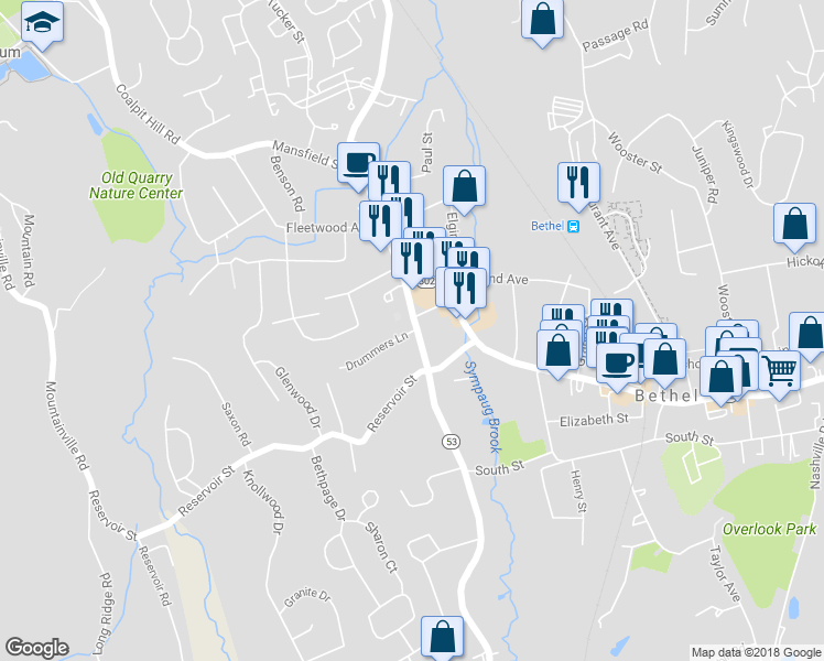 map of restaurants, bars, coffee shops, grocery stores, and more near 15 Drummers Lane in Bethel