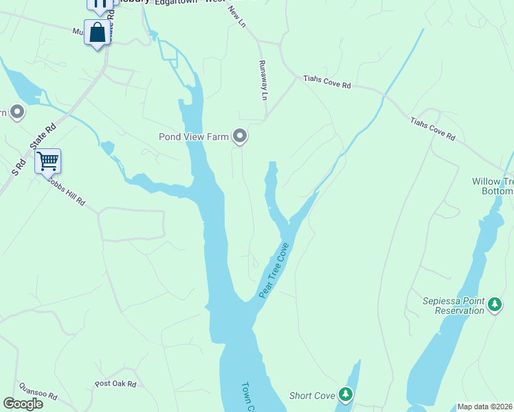 map of restaurants, bars, coffee shops, grocery stores, and more near 104 Pond View Farm Road in West Tisbury